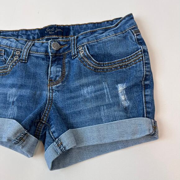 Vintage Y2K Low Rise Denim Shorts size 7 Cuffed Distressed - Picture 3 of 7
